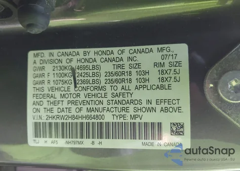 2017 Honda Cr-V Ex-L/Ex-L Navi from USA, damaged, VIN 2HKRW2H84HH664800